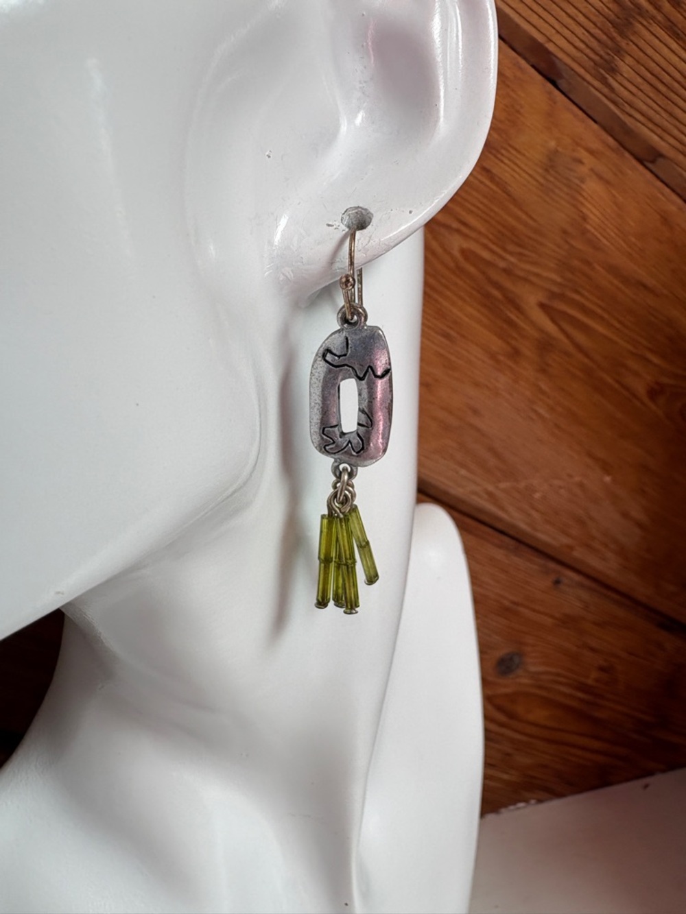 Olive Green Bead Drop Earrings with Silver Accent